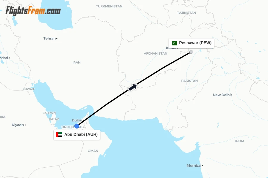 Flights from Abu Dhabi to Peshawar route map