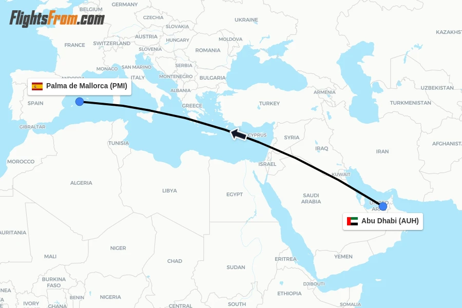 Flights from Abu Dhabi to Palma de Mallorca route map