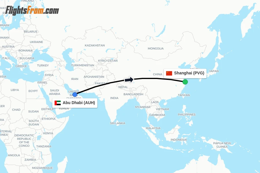 Flights from Abu Dhabi to Shanghai route map
