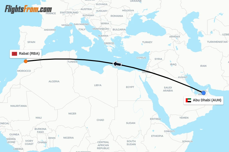Flights from Abu Dhabi to Rabat route map