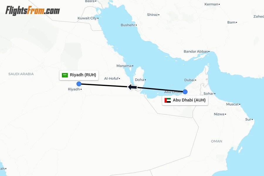 Flights from Abu Dhabi to Riyadh route map