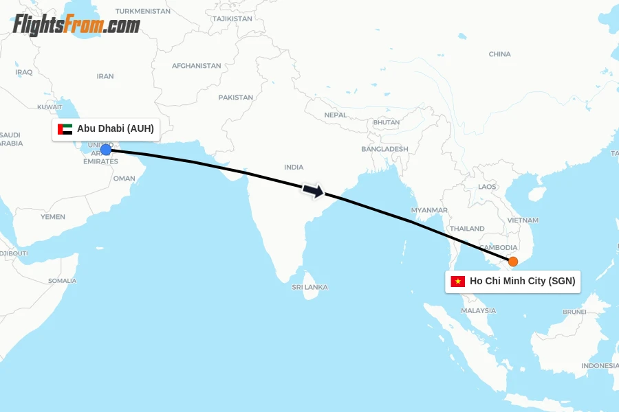 Flights from Abu Dhabi to Ho Chi Minh City route map