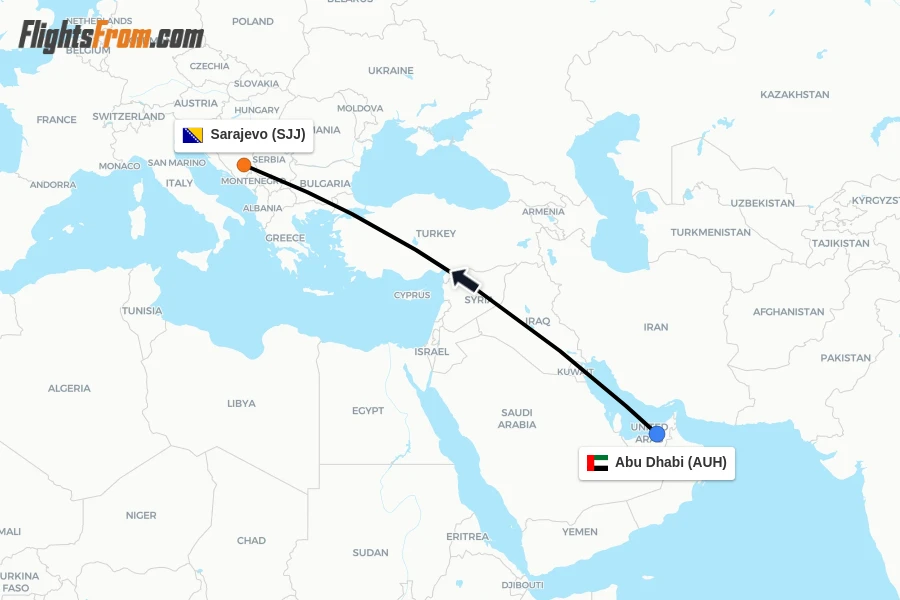 Flights from Abu Dhabi to Sarajevo route map