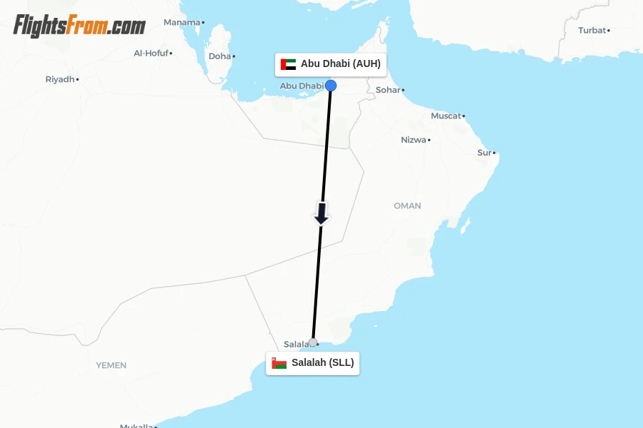 Flights from Abu Dhabi to Salalah route map