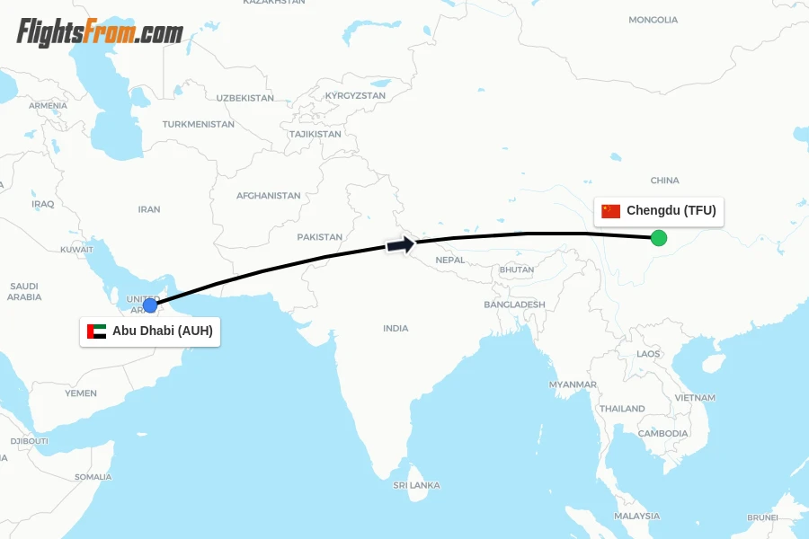 Flights from Abu Dhabi to Chengdu route map