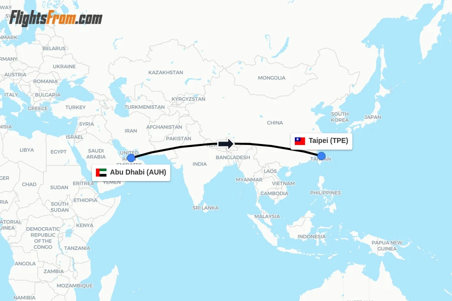 Flights from Abu Dhabi to Taipei route map