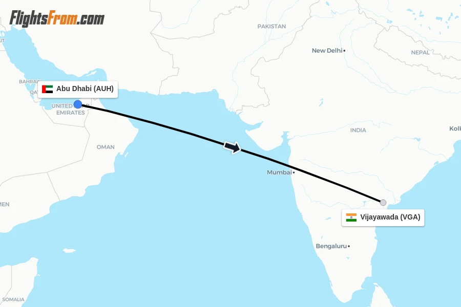Flights from Abu Dhabi to Vijayawada route map