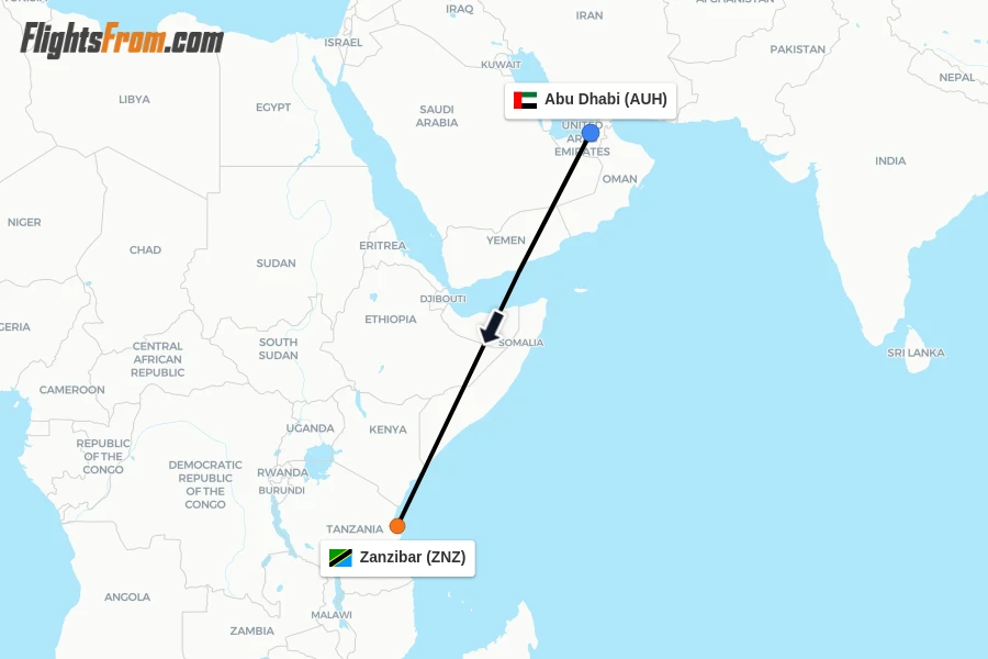 Flights from Abu Dhabi to Zanzibar route map