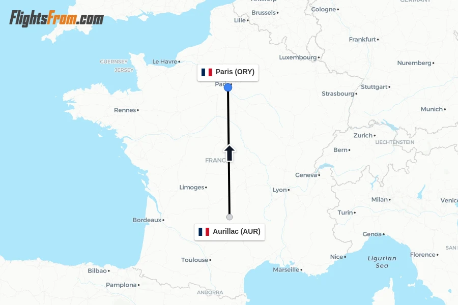 Flights from Aurillac to Paris route map