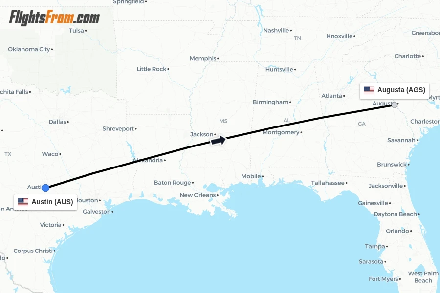 Flights from Austin to Augusta route map