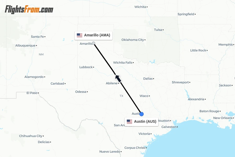 Flights from Austin to Amarillo route map