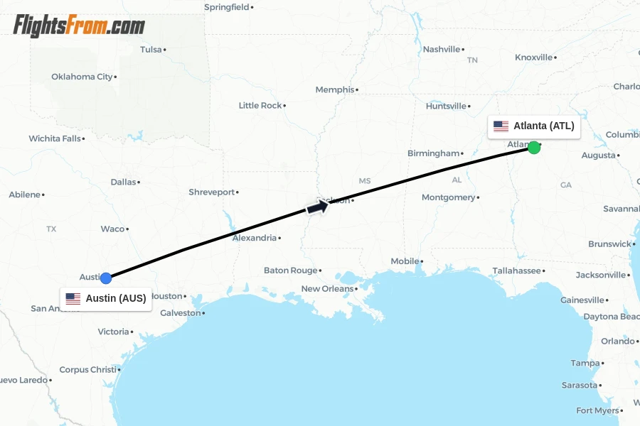 Flights from Austin to Atlanta route map