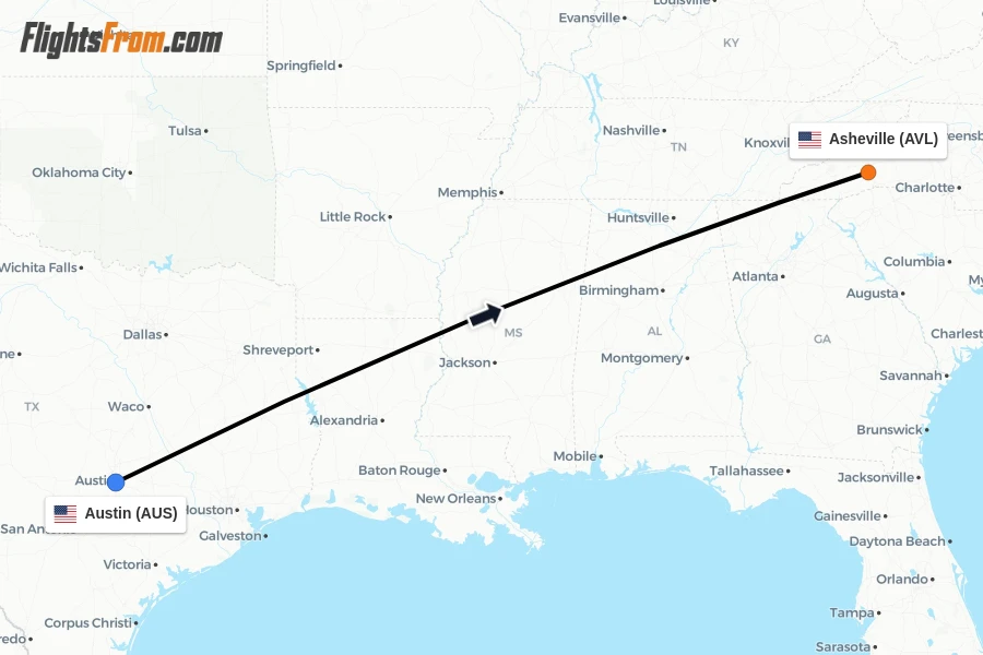 Flights from Austin to Asheville route map