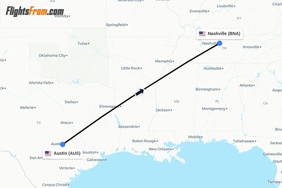 Flights from Austin to Nashville route map