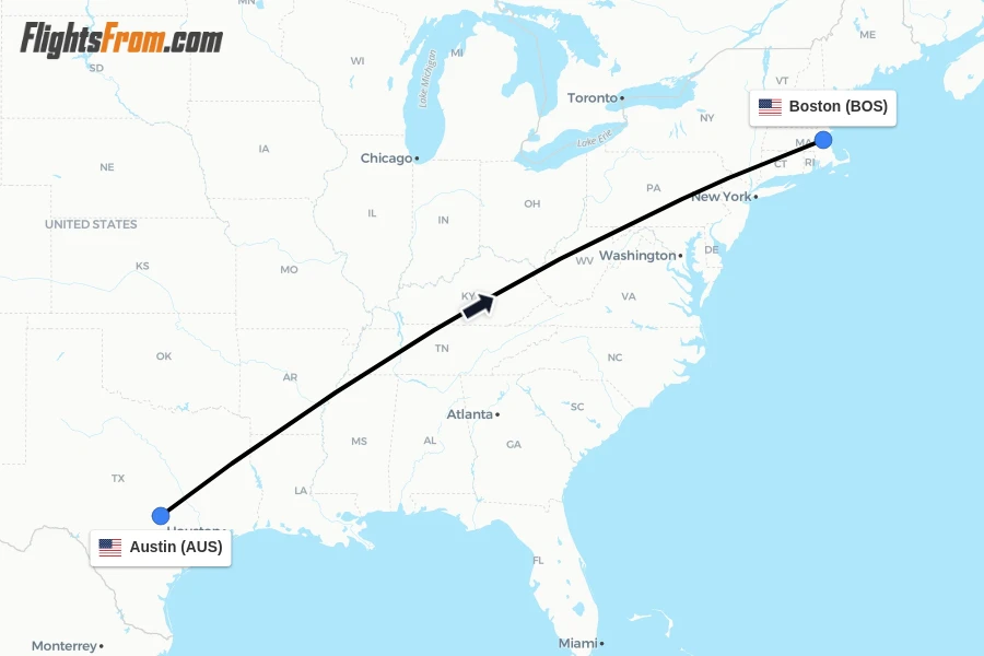 Flights from Austin to Boston route map