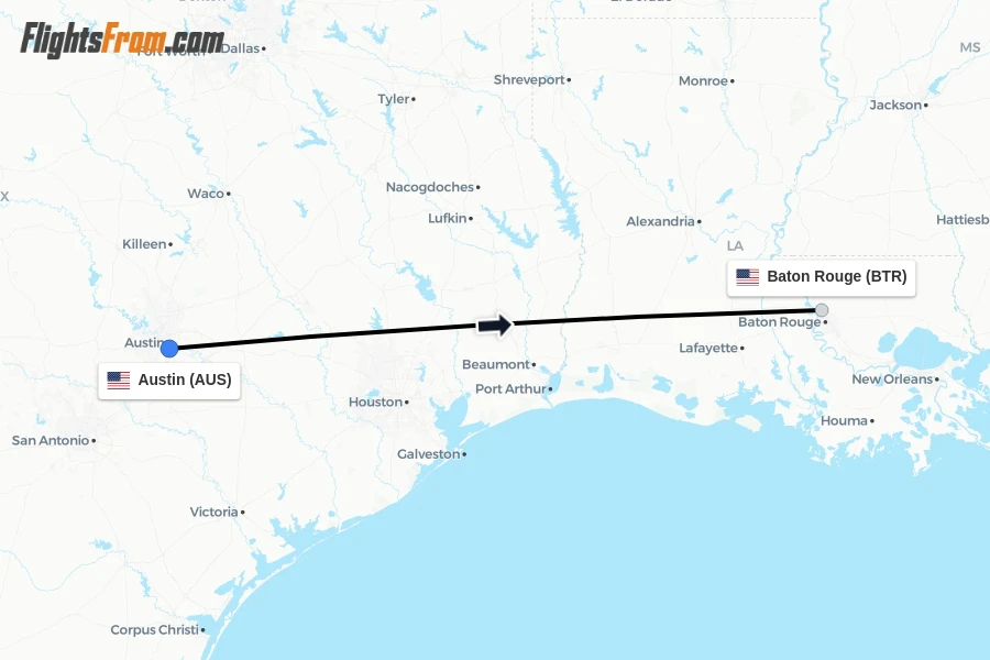 Flights from Austin to Baton Rouge route map