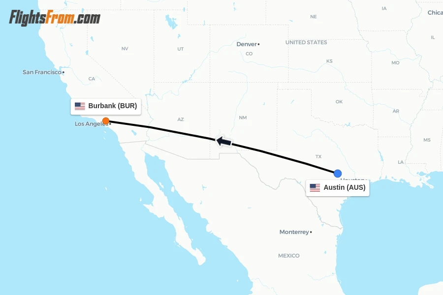 Flights from Austin to Burbank route map