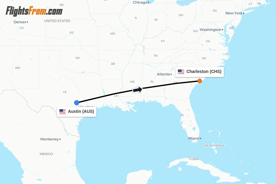 Flights from Austin to Charleston route map