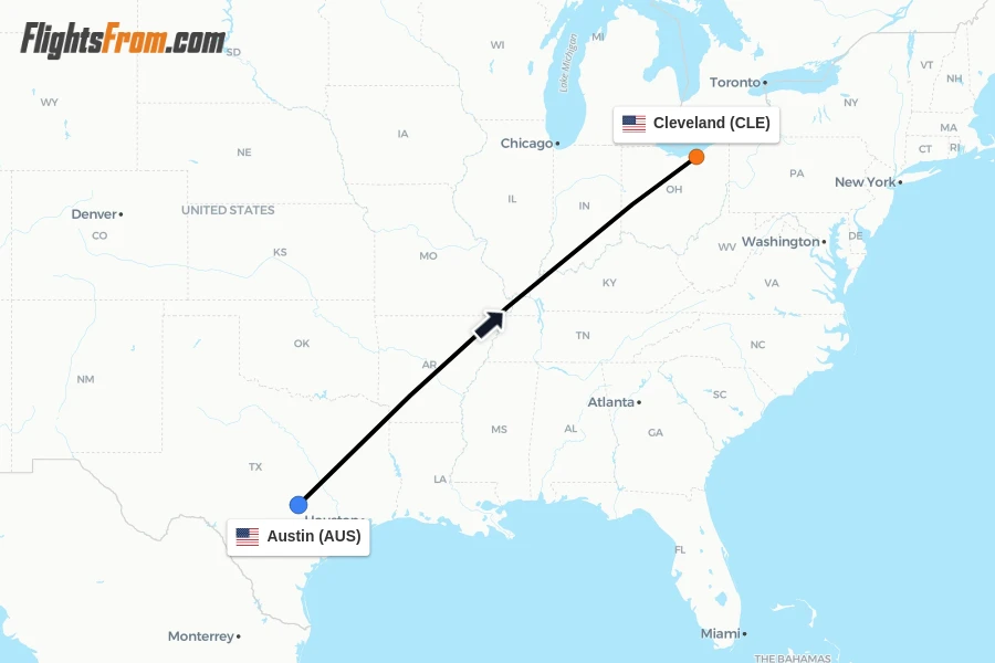 Flights from Austin to Cleveland route map
