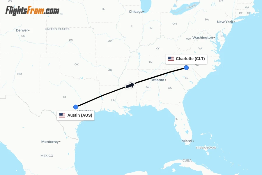 Flights from Austin to Charlotte route map