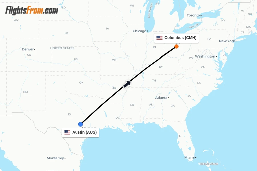 Flights from Austin to Columbus route map