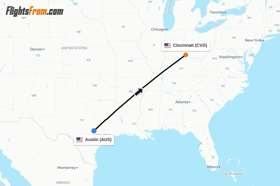 Flights from Austin to Cincinnati route map