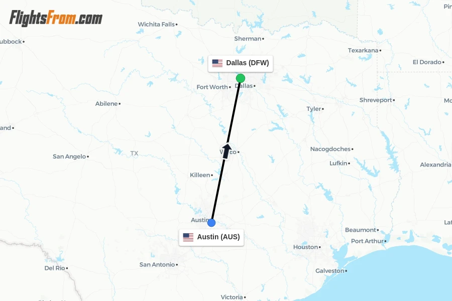 Flights from Austin to Dallas route map