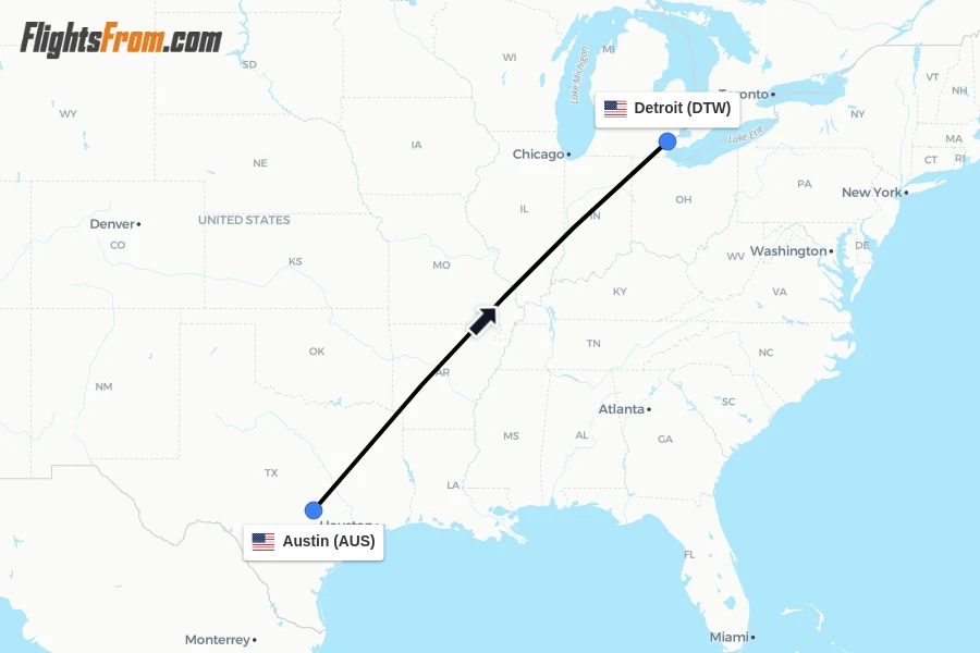 Flights from Austin to Detroit route map