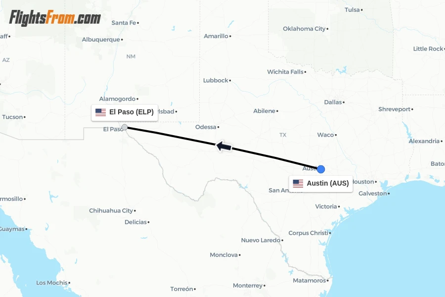 Flights from Austin to El Paso route map