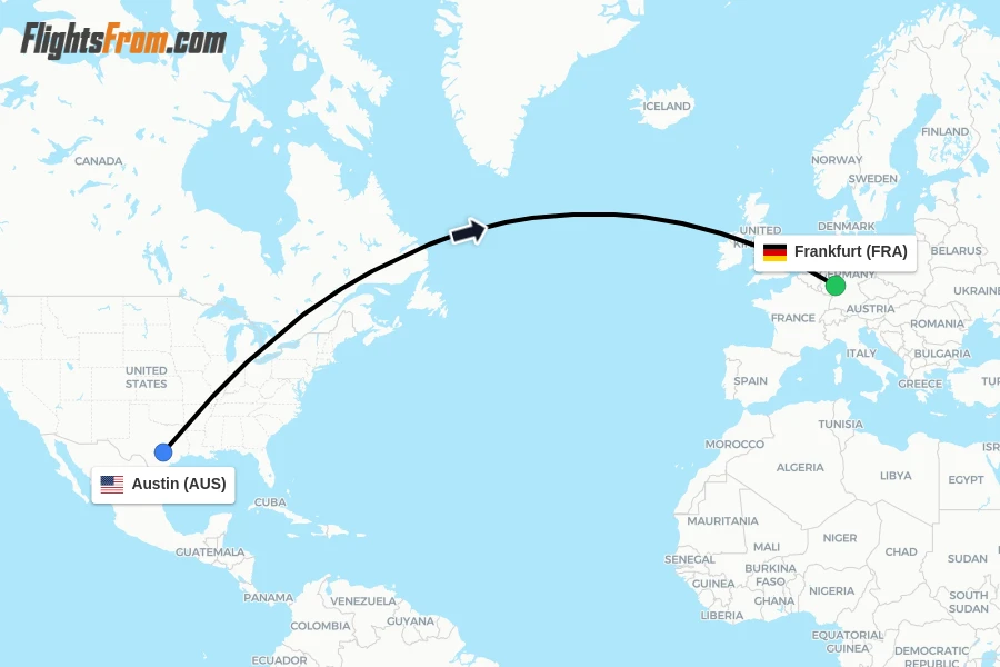 Flights from Austin to Frankfurt route map