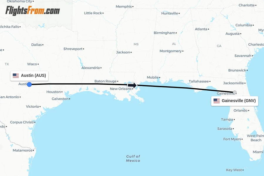 Flights from Austin to Gainesville route map