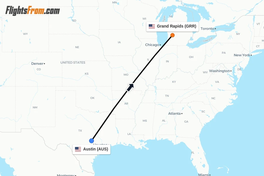 Flights from Austin to Grand Rapids route map