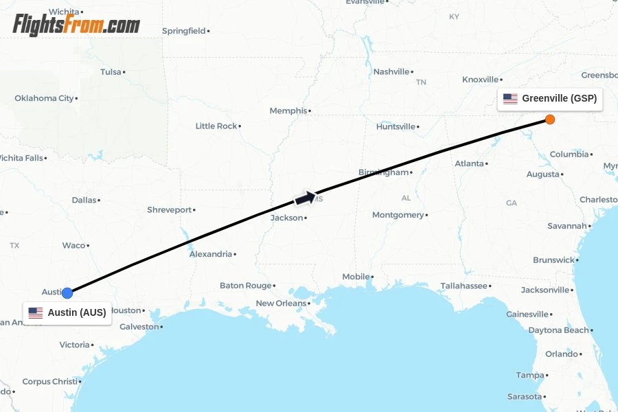 Flights from Austin to Greenville route map