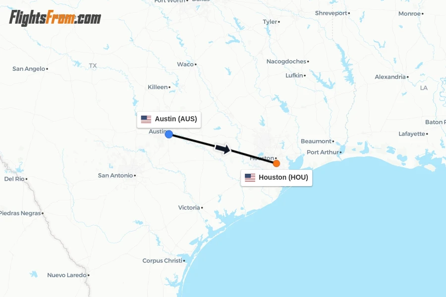Flights from Austin to Houston route map