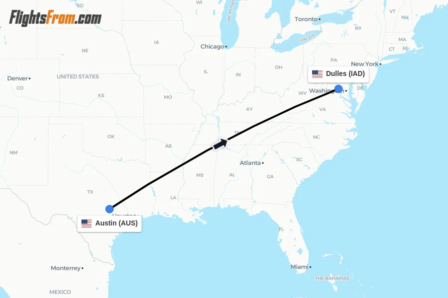 Flights from Austin to Dulles route map
