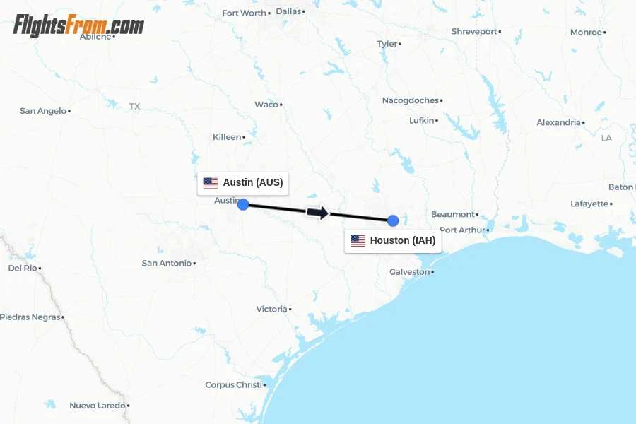 Flights from Austin to Houston route map
