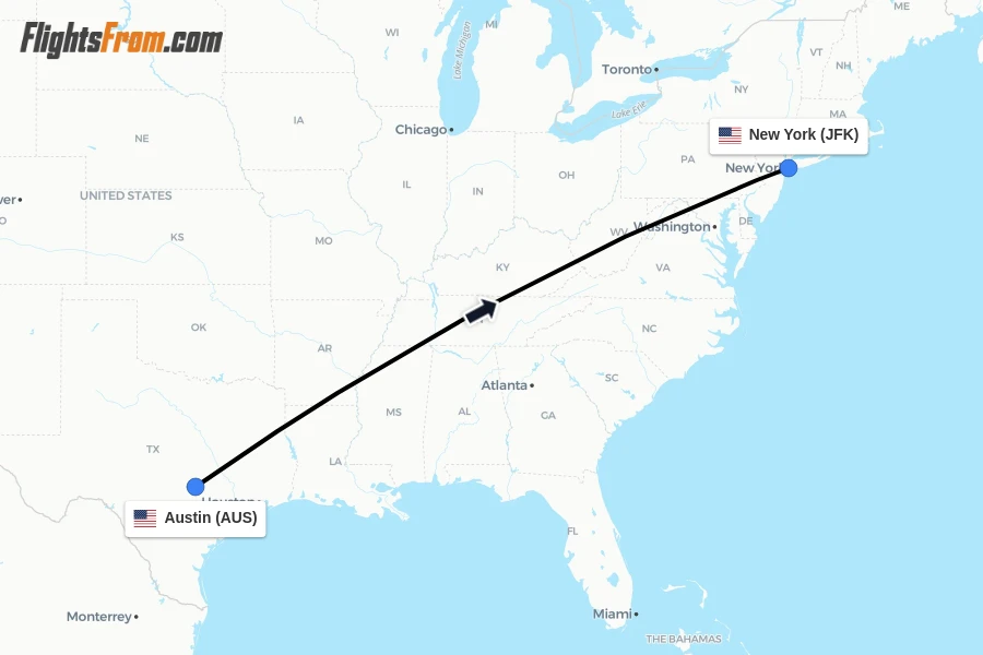 Flights from Austin to New York route map