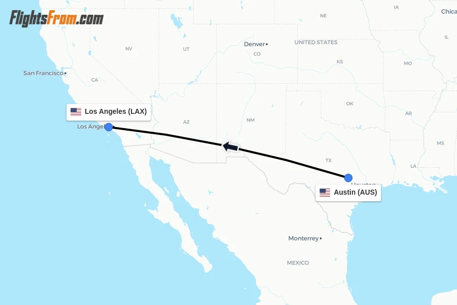 Flights from Austin to Los Angeles route map