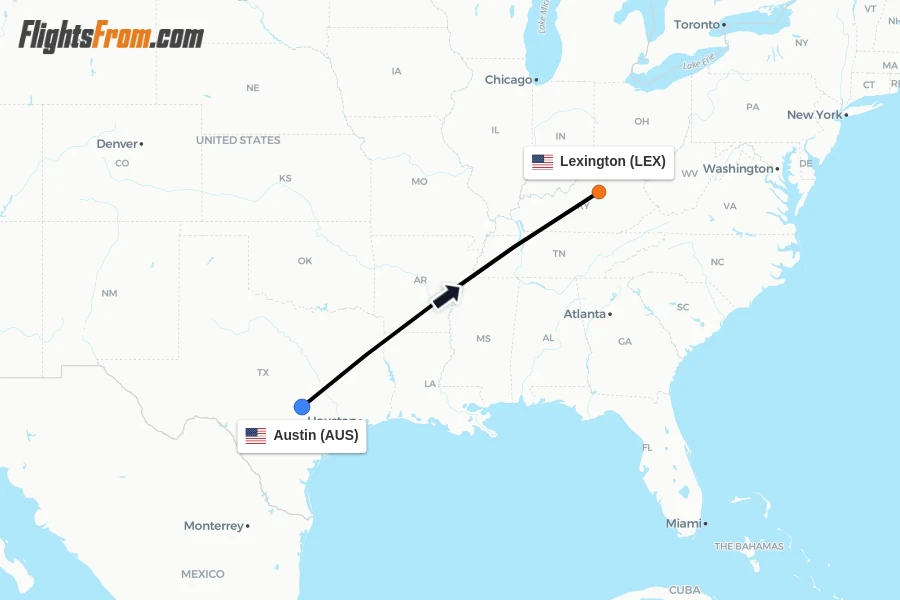 Flights from Austin to Lexington route map