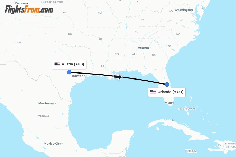 Flights from Austin to Orlando route map