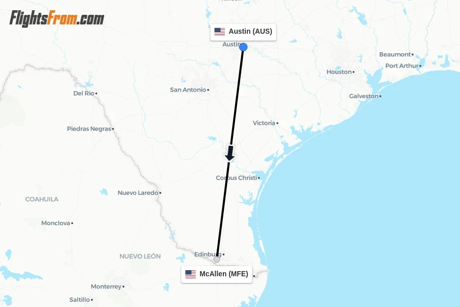 Flights from Austin to McAllen route map
