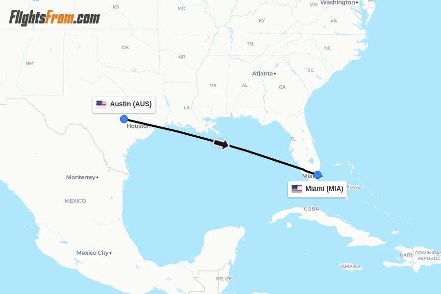 Flights from Austin to Miami route map