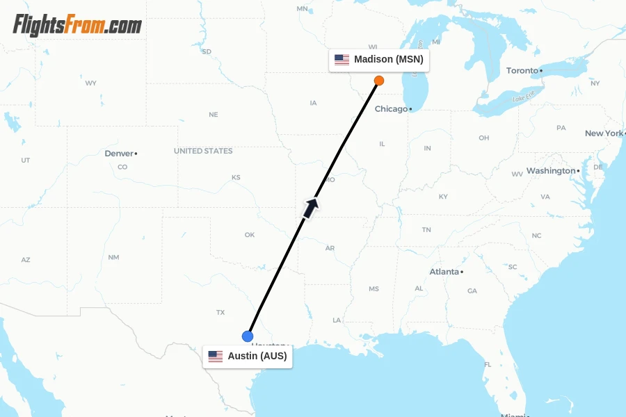 Flights from Austin to Madison route map