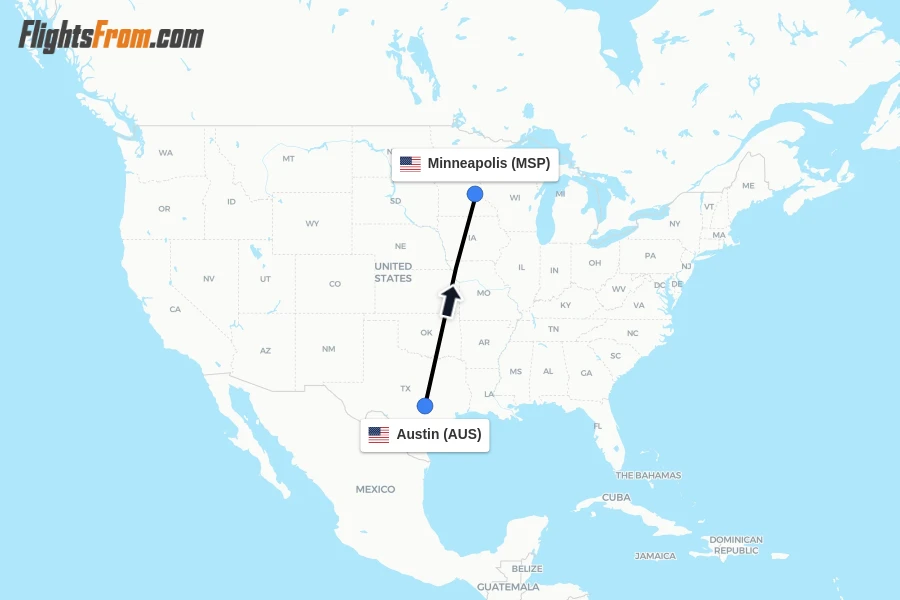 Flights from Austin to Minneapolis route map