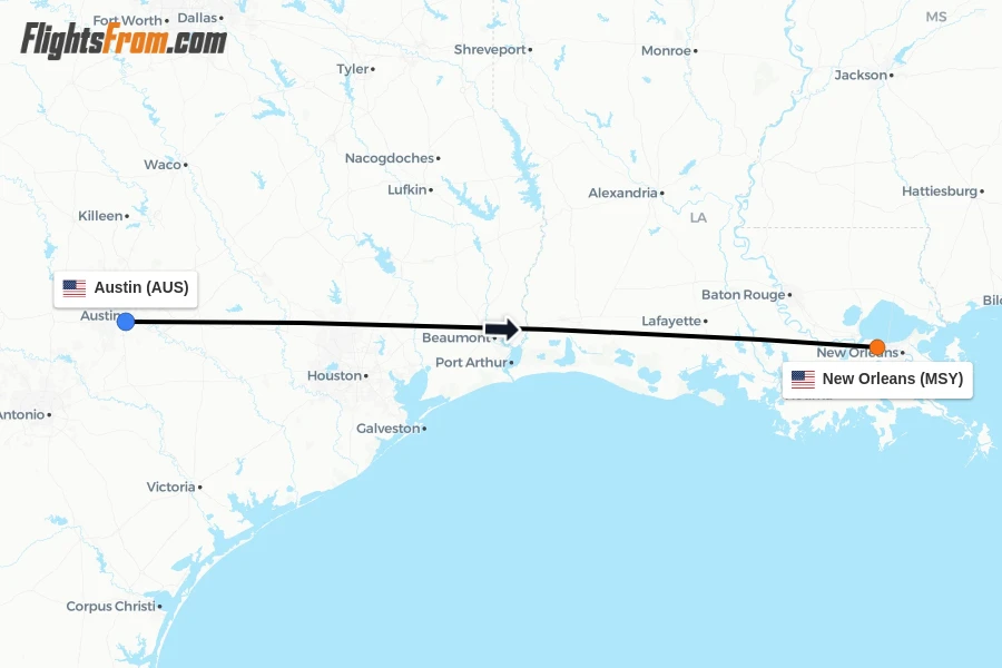 Flights from Austin to New Orleans route map