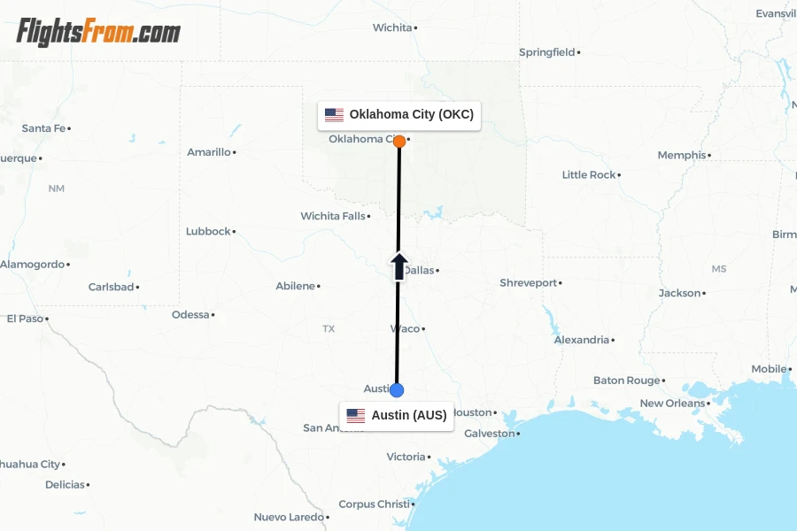 Flights from Austin to Oklahoma City route map