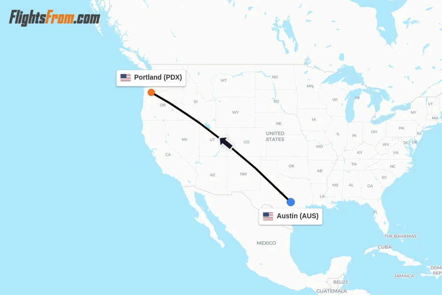 Flights from Austin to Portland route map