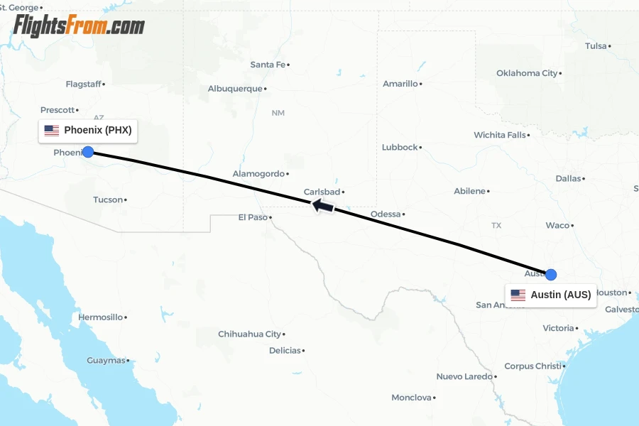 Flights from Austin to Phoenix route map