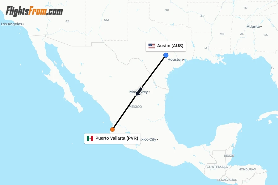 Flights from Austin to Puerto Vallarta route map