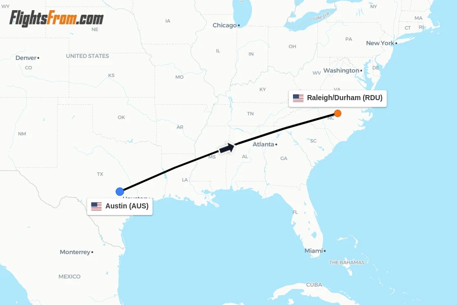 Flights from Austin to Raleigh/Durham route map